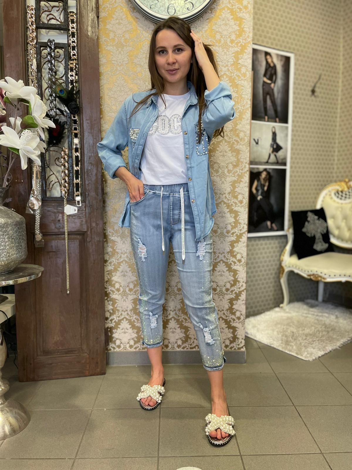 Jeans Bluse mit Perlen