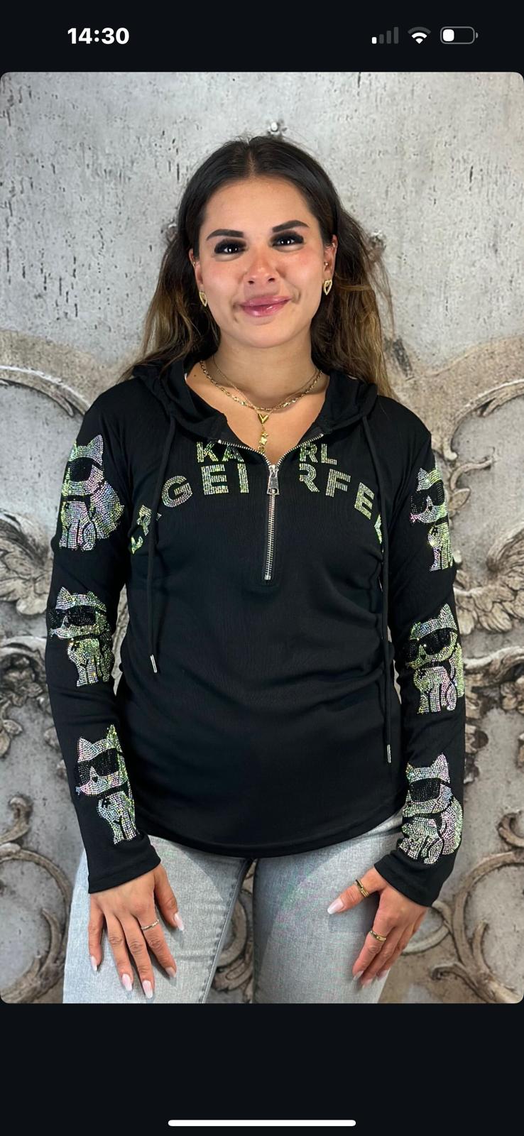Schwarze Langarmshirts mit Kapuze und Strassdesigns
