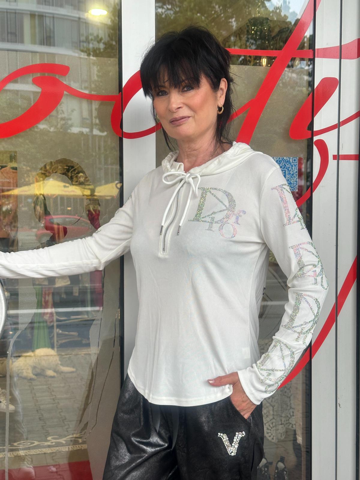 Weiße Langarmshirts mit Strassdesigns