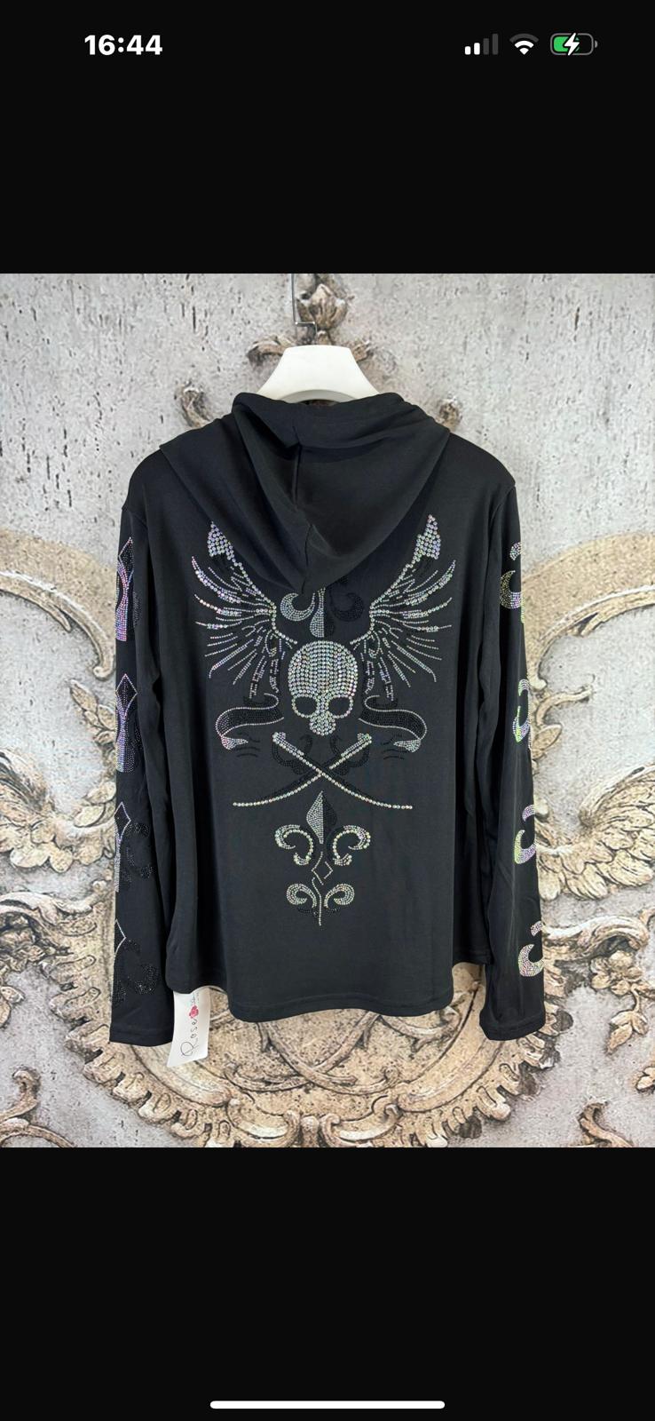 Schwarze Langarmshirts mit Kapuze und Strassdesigns